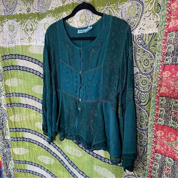 Y2K Raaga Emerald Green Whimigoth Cottage Button Down Blouse Size Medium - Picture 7 of 16